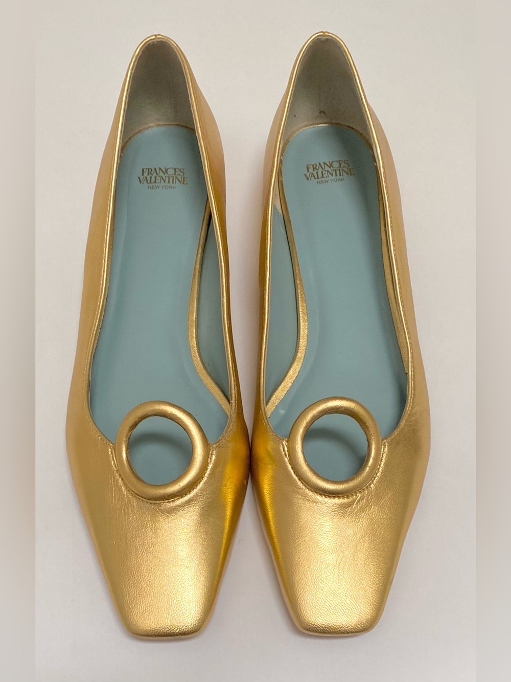 Frances Valentine Regan Metallic Gold Leather Square Toe Flats 10 B